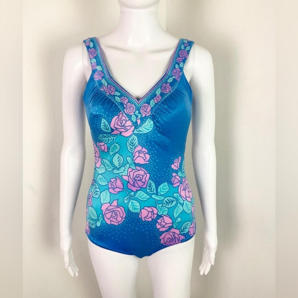 Vintage Maxine Of Hollywood 1970's Tropical Floral V-neck One Piece Swimsuit
